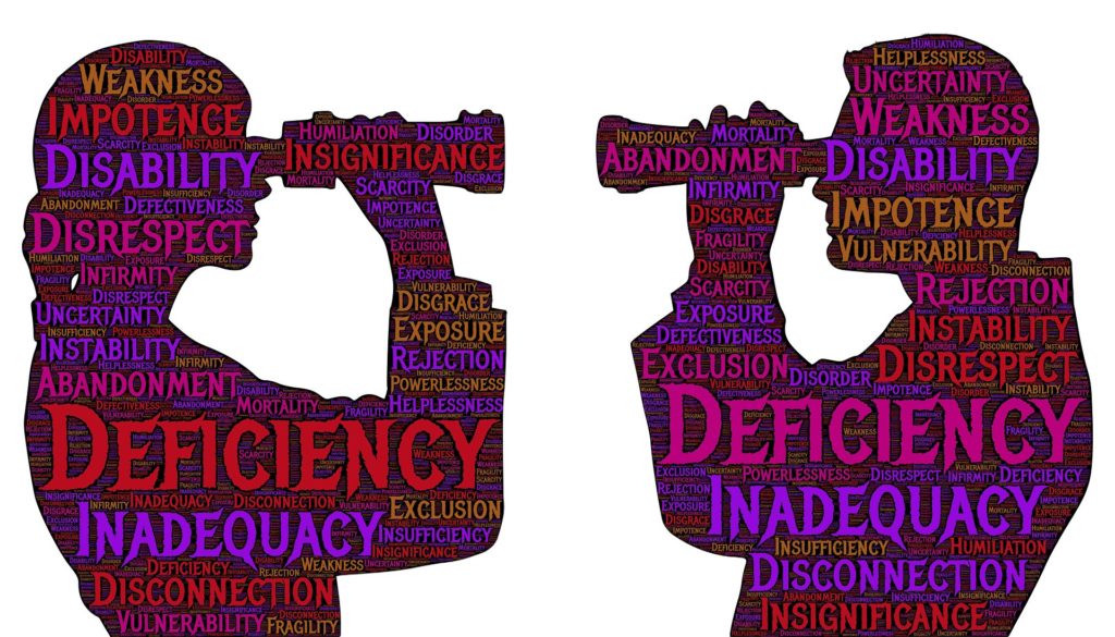 two people in silhouette looking at one another with binoculars with word clouds on them